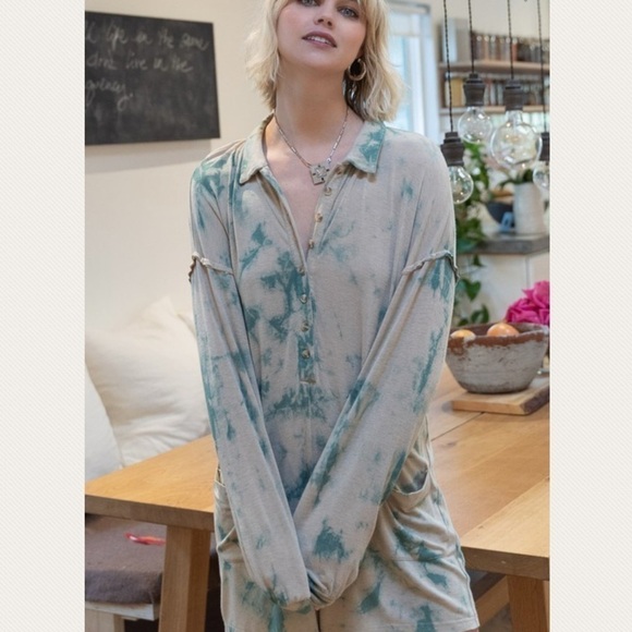 New! Faith Mocha/Teal Hand Dip Dye LS Romper - Picture 4 of 9